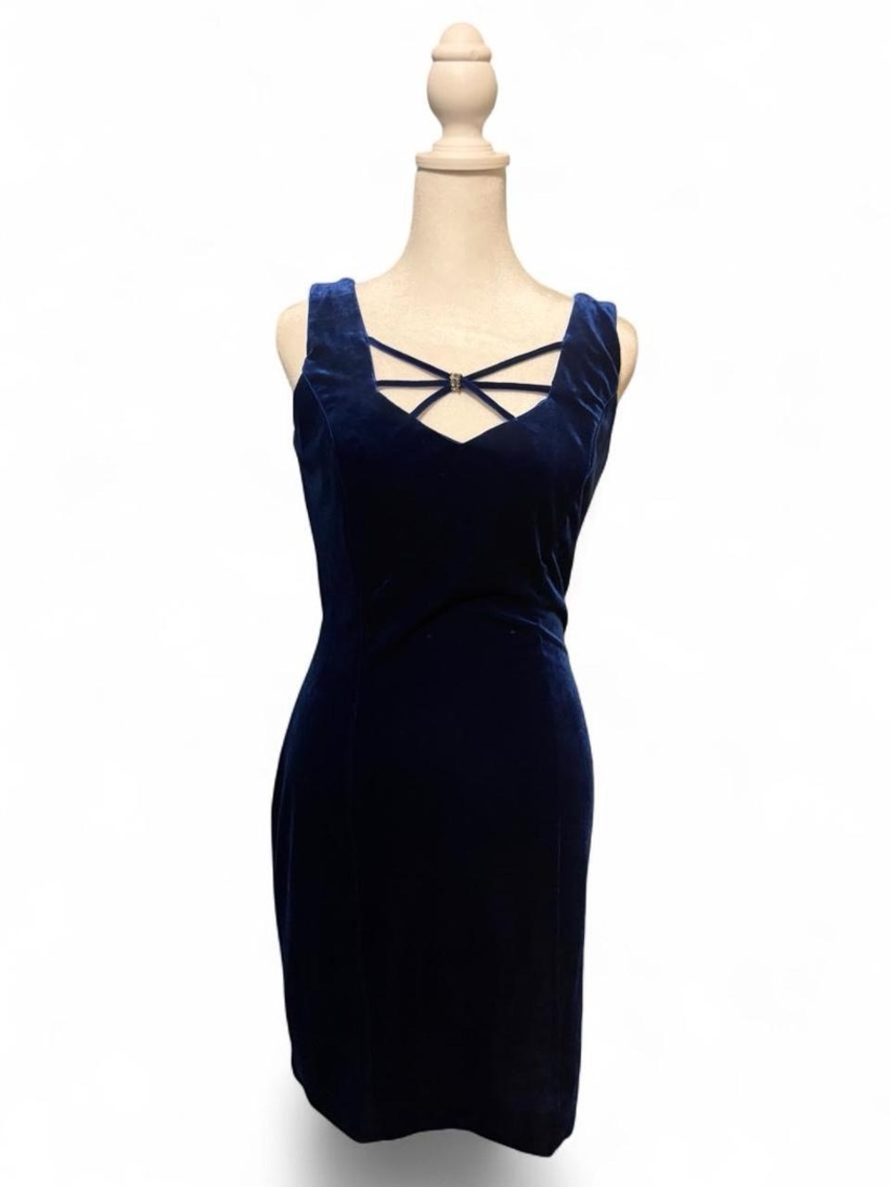 Navy Velvet Midi Dress with Crisscross Detail